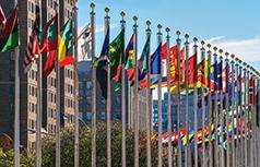 曼哈顿联合国大楼外悬挂着各国国旗.